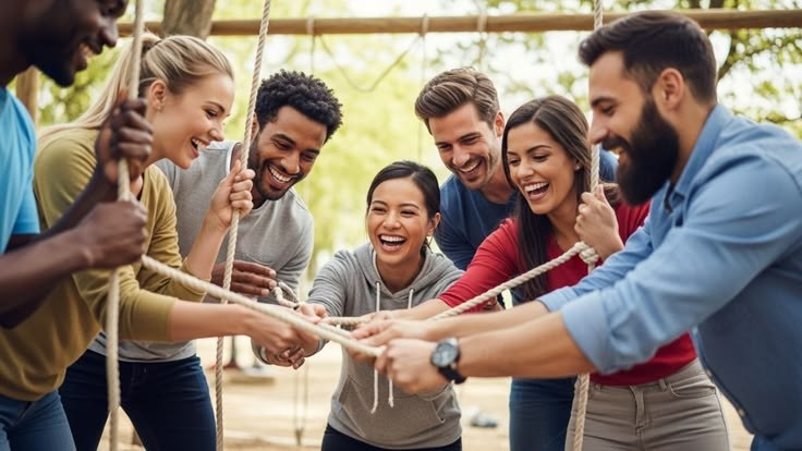 Grupo de personas riendo mientras tiran juntas de una cuerda en una actividad al aire libre